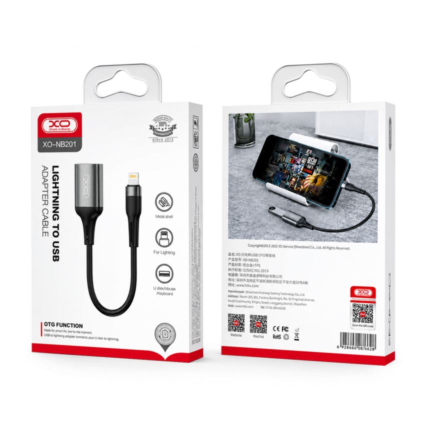 Переходник OTG XO NB201 Lightning to USB2.0 grey