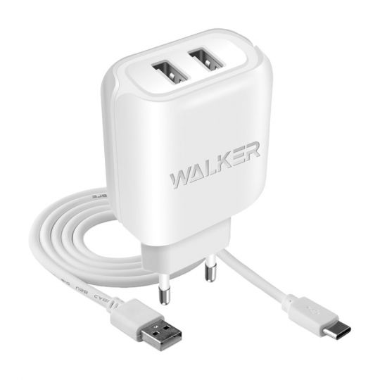 Сетевое зарядное устройство (адаптер) 2в1 WALKER WH-27 2USB / 2.1A + Type-C white