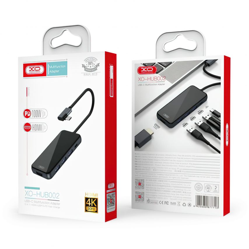 Перехідник USB-хаб 5в1 XO HUB002 HDMI / 3USB / PD Fast Charger з Type-C роз'ємом black
