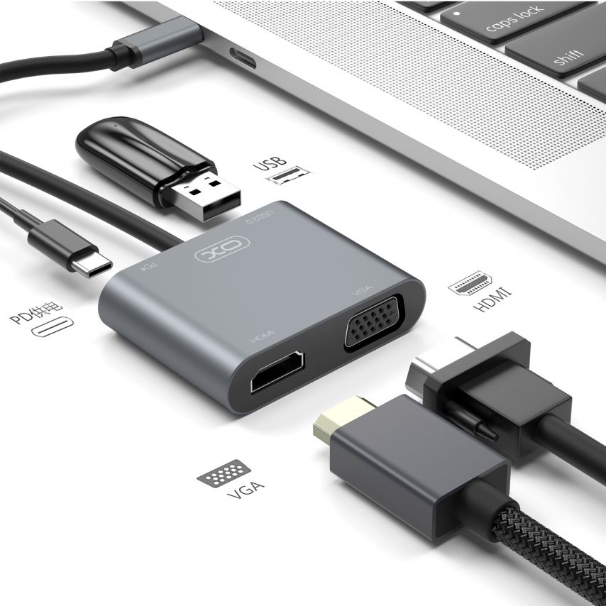 Переходник USB-HUB XO HUB001 4в1 HDMI / VGA / USB3.0 / PD charging c Type-C разъемом