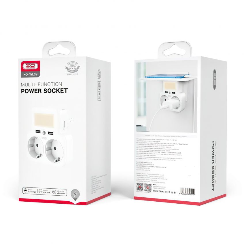 Мережевий адаптер (перехідник) XO WL09 2AC / 2USB_2.4A з нічником white