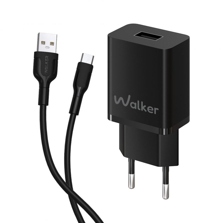 Мережевий зарядний пристрій (адаптер) 2в1 WALKER WH-26 1USB / 2.4A + Data Cable USB to Micro black