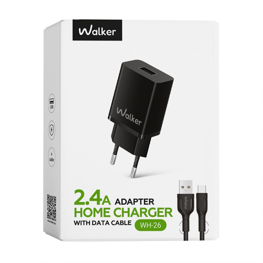 Мережевий зарядний пристрій (адаптер) 2в1 WALKER WH-26 1USB / 2.4A + Data Cable USB to Type-C black