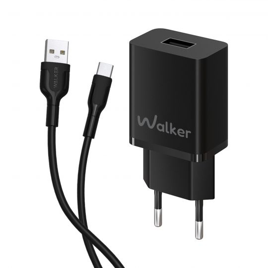 Мережевий зарядний пристрій (адаптер) 2в1 WALKER WH-26 1USB / 2.4A + Data Cable USB to Type-C black - купити за 178.53 грн у Києві, Україні