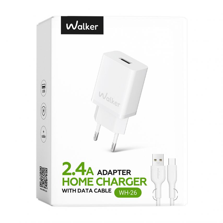 Мережевий зарядний пристрій (адаптер) 2в1 WALKER WH-26 1USB / 2.4A + Data Cable USB to Type-C white