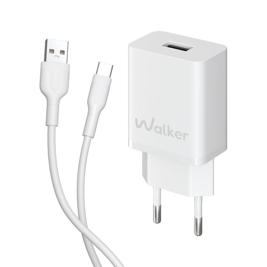 Мережевий зарядний пристрій (адаптер) 2в1 WALKER WH-26 1USB / 2.4A + Data Cable USB to Type-C white