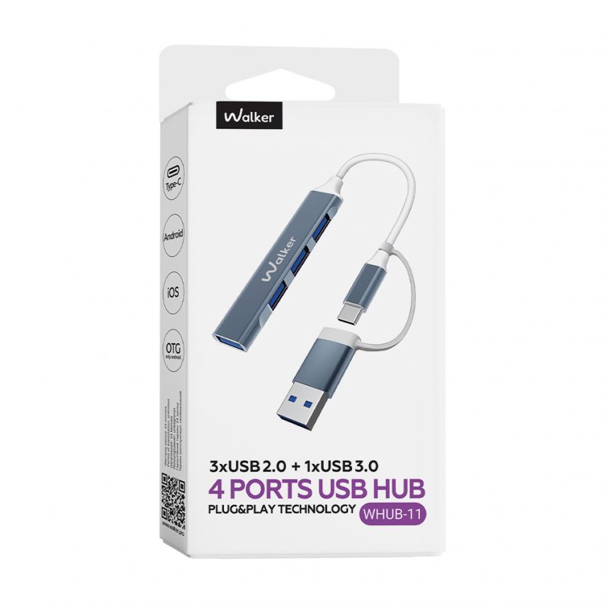Перехідник USB-хаб 4в1 WALKER WHUB-11 grey
