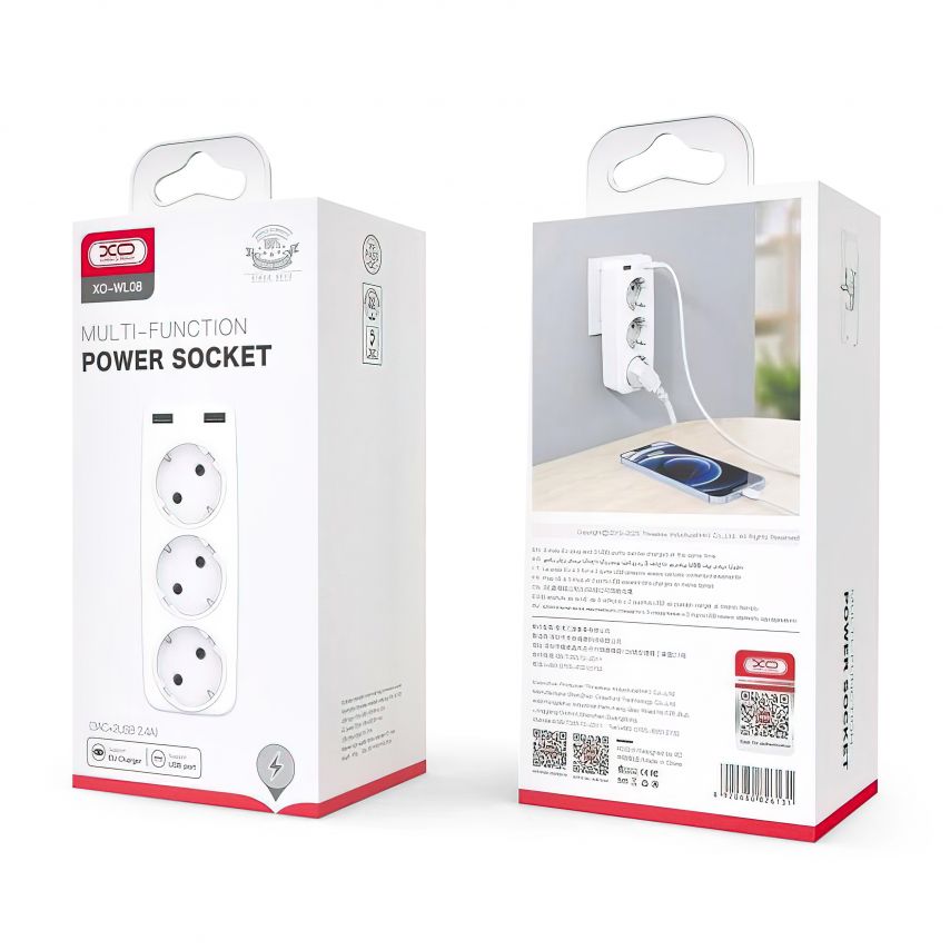 Мережевий адаптер (перехідник) XO WL08 3AC / 2USB_2.4A white
