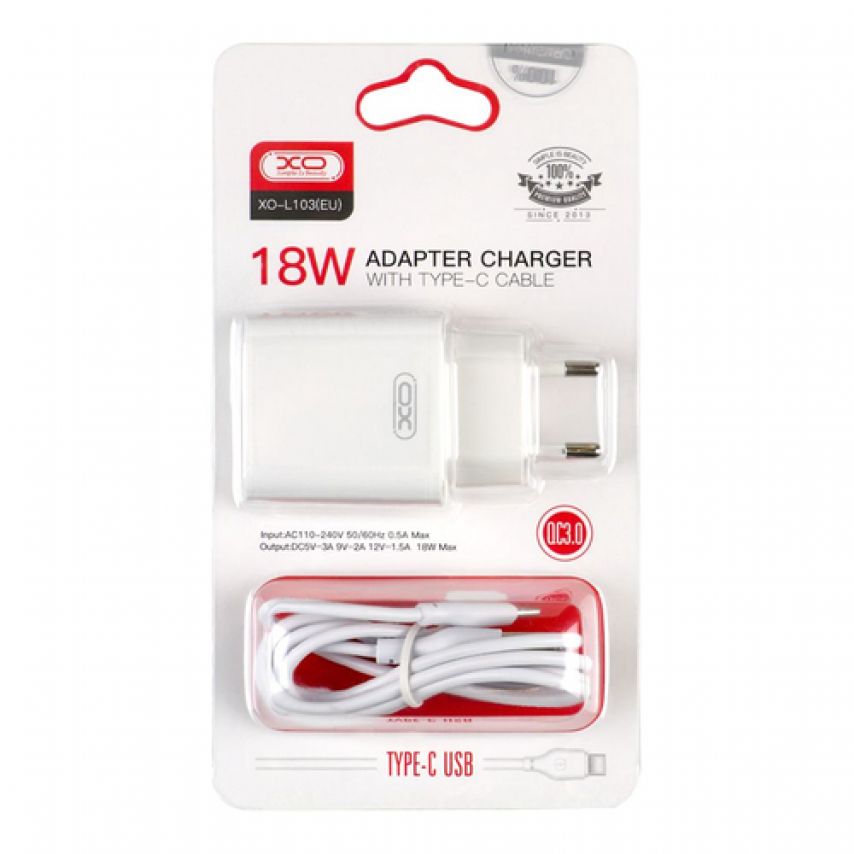 Сетевое зарядное устройство (адаптер) 2в1 XO L103 QC3.0 / 18W + Data Cable USB to Type-C white