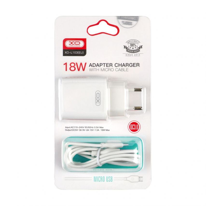 Мережевий зарядний пристрій (адаптер) 2в1 XO L103 QC3.0 / 18W + Data Cable USB to Micro white
