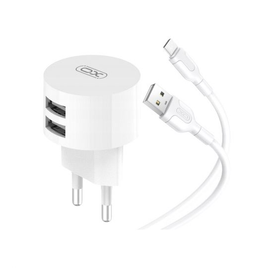 Мережевий зарядний пристрій (адаптер) 2в1 XO L62 2USB / 2.4A + Data Cabel USB to Type-C white