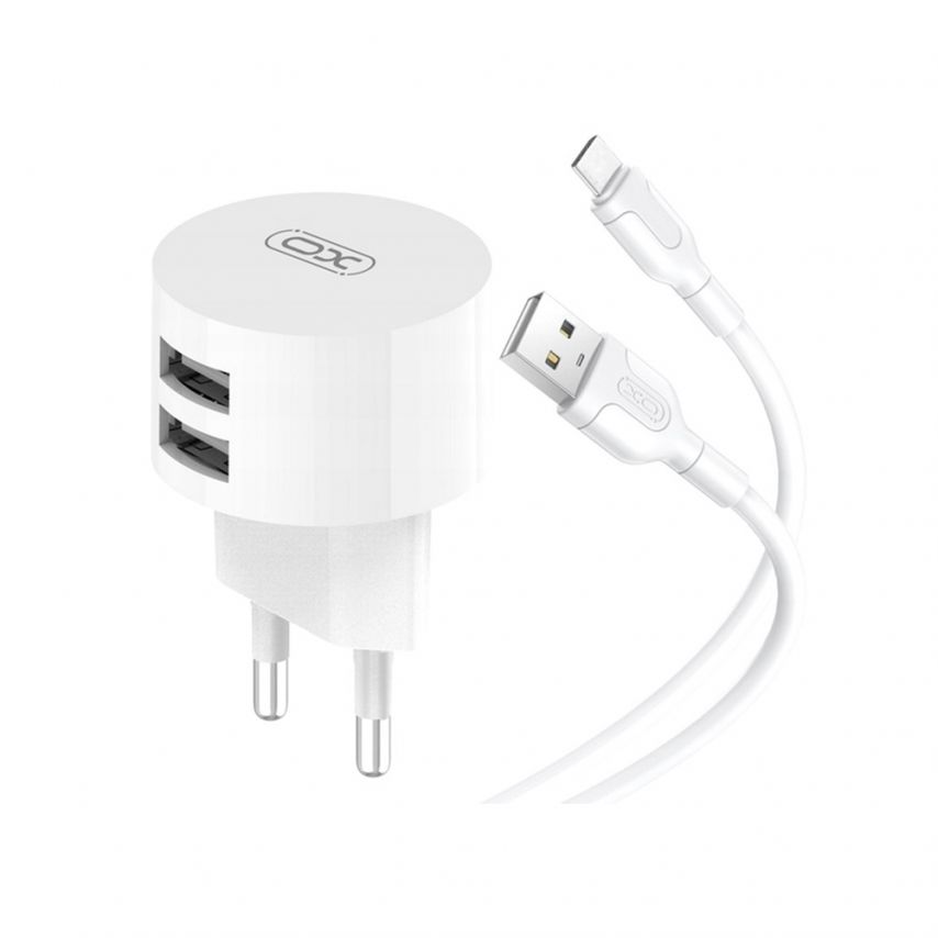 Мережевий зарядний пристрій (адаптер) 2в1 XO L62 2USB / 2.4A + Data Cabel USB to Type-C white