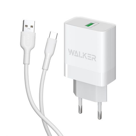 Сетевое зарядное устройство (адаптер) 2в1 WALKER WH-35 1USB / QC3.0 / 3A / 15W + Type-C white