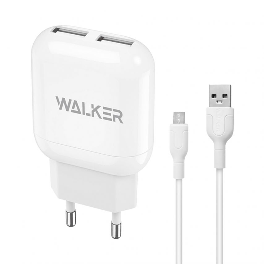 Мережевий зарядний пристрій (адаптер) 2в1 WALKER WH-33 2USB / 2.4A + Micro white