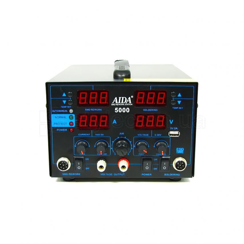 Паяльна станція AIDA 5000 (фен, паяльник, блок живлення, 30V 5A, USB A 5V 2A, цифрова індикація)