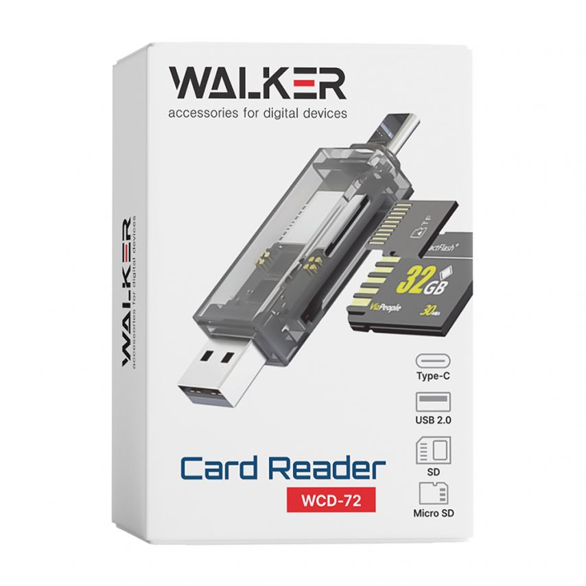Кардридер WALKER WCD-72 microSD, SD (выход USB2.0, Type-C) прозрачный