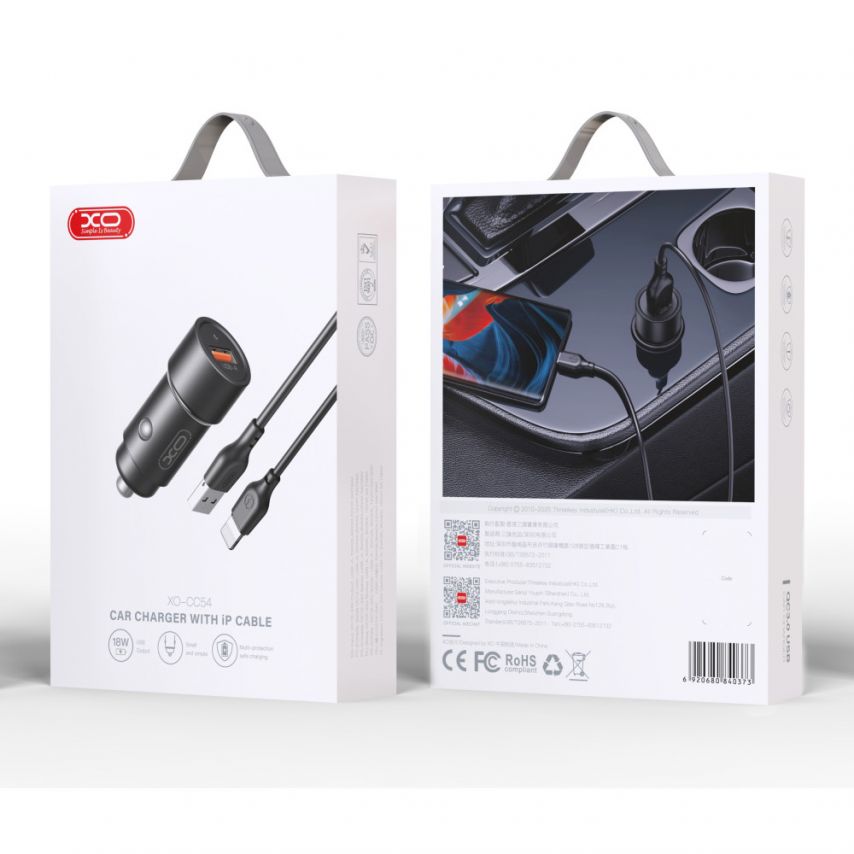 Автомобільний зарядний пристрій (адаптер) 2в1 XO CC54 QC3.0 / 18W + Data Cable USB to Lightning black