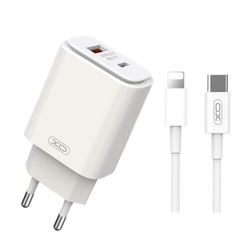 Мережевий зарядний пристрій (адаптер) 2в1 XO L90A PD_20W / QC3.0 / 18W + Data Cable Type-C to Lightning white