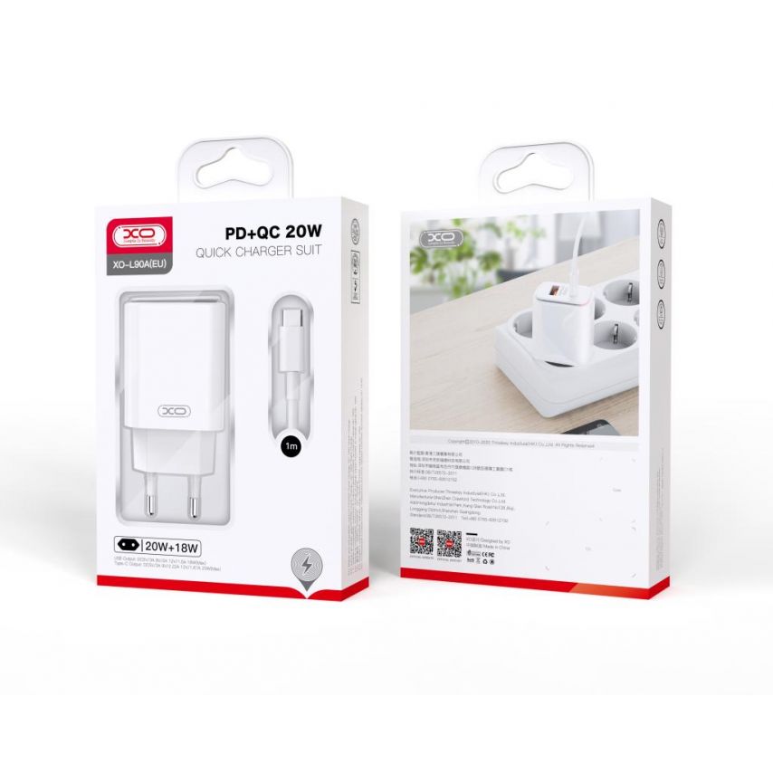 Мережевий зарядний пристрій (адаптер) 2в1 XO L90A PD_20W / QC3.0 / 18W + Data Cable Type-C to Type-C white
