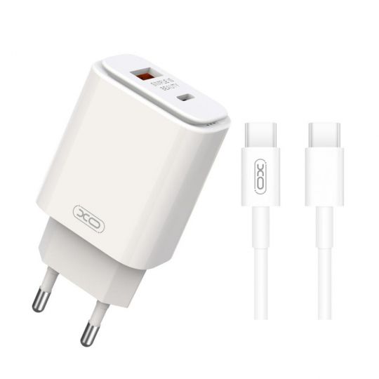 Мережевий зарядний пристрій (адаптер) 2в1 XO L90A PD_20W / QC3.0 / 18W + Data Cable Type-C to Type-C white - купити за 354.40 грн у Києві, Україні