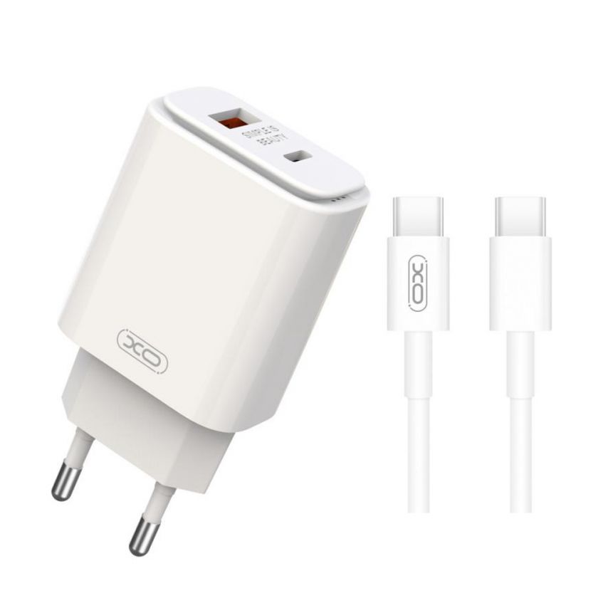 Мережевий зарядний пристрій (адаптер) 2в1 XO L90A PD_20W / QC3.0 / 18W + Data Cable Type-C to Type-C white