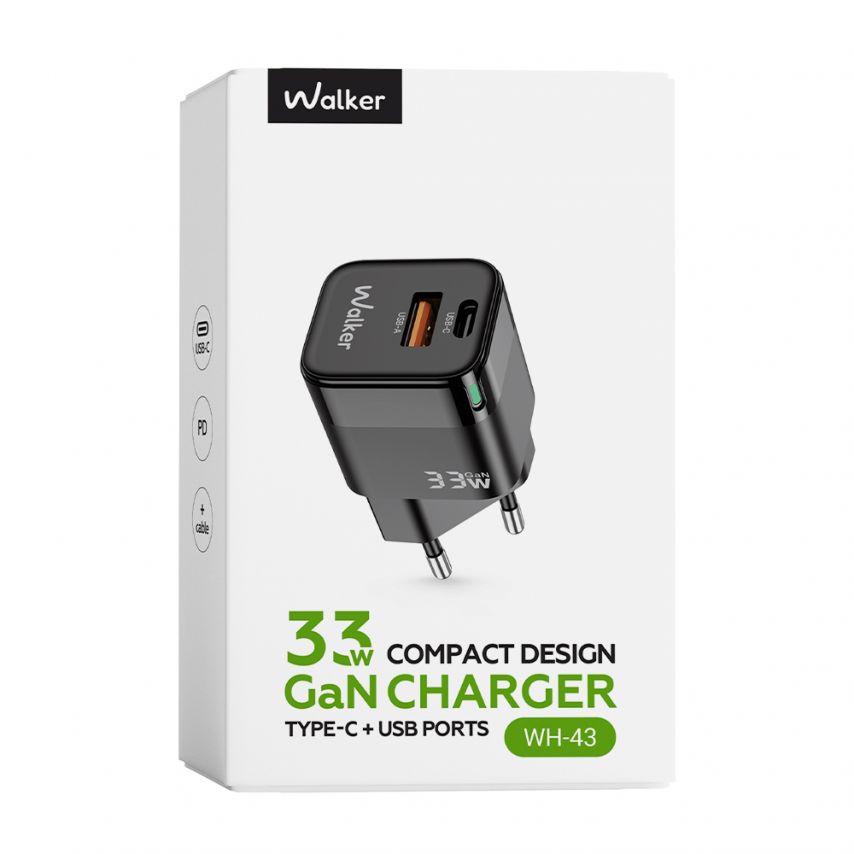 Мережевий зарядний пристрій (адаптер) WALKER WH-43 33W GAN PD_33W / QC3.0_18W black