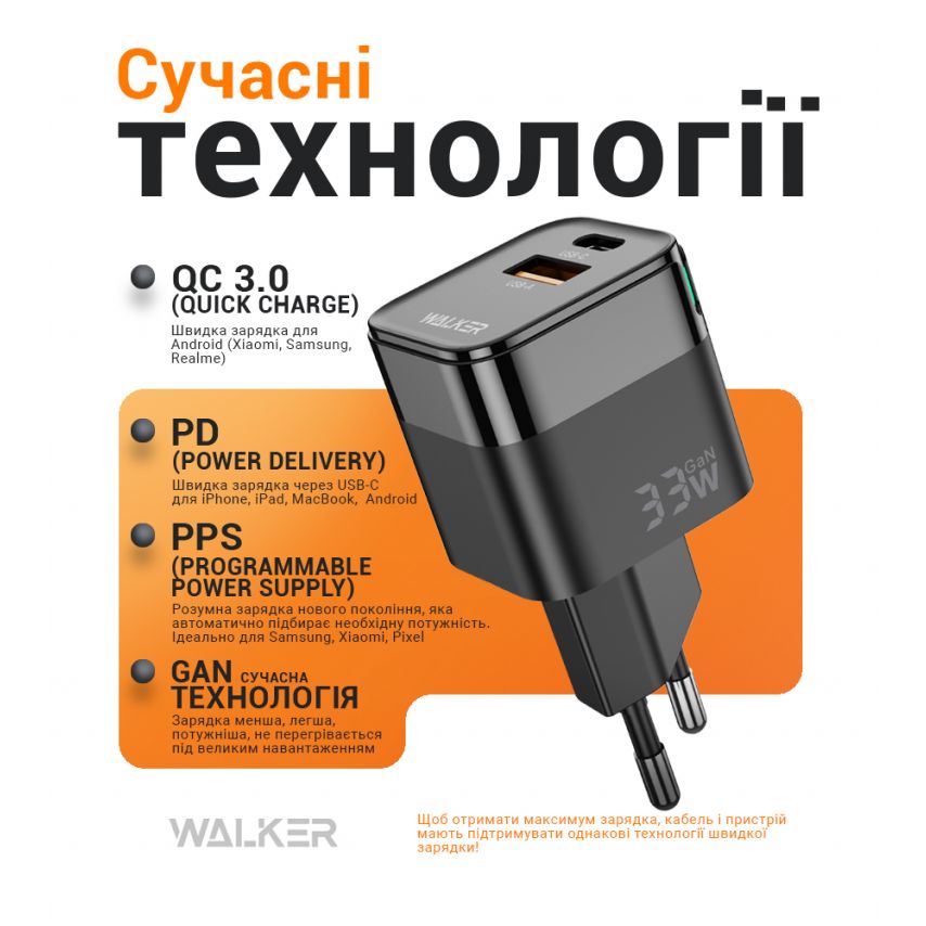 Мережевий зарядний пристрій (адаптер) WALKER WH-43 33W GAN PD_33W / QC3.0_18W black