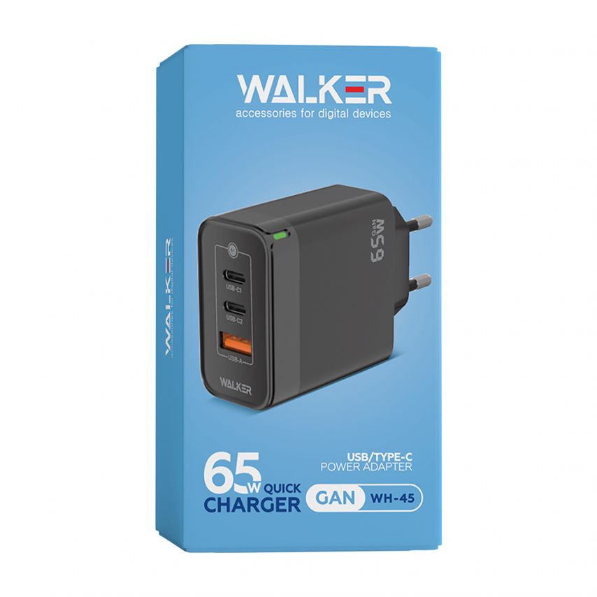 Мережевий зарядний пристрій (адаптер) WALKER WH-45 65W GAN PD1_65W / PD2_30W / QC3.0_18W black