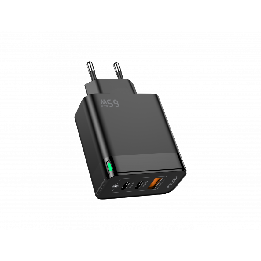 Мережевий зарядний пристрій (адаптер) WALKER WH-45 65W GAN PD1_65W / PD2_30W / QC3.0_18W black