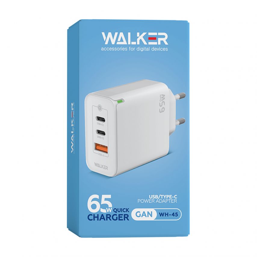 Мережевий зарядний пристрій (адаптер) WALKER WH-45 65W GAN PD1_65W / PD2_30W / QC3.0_18W white