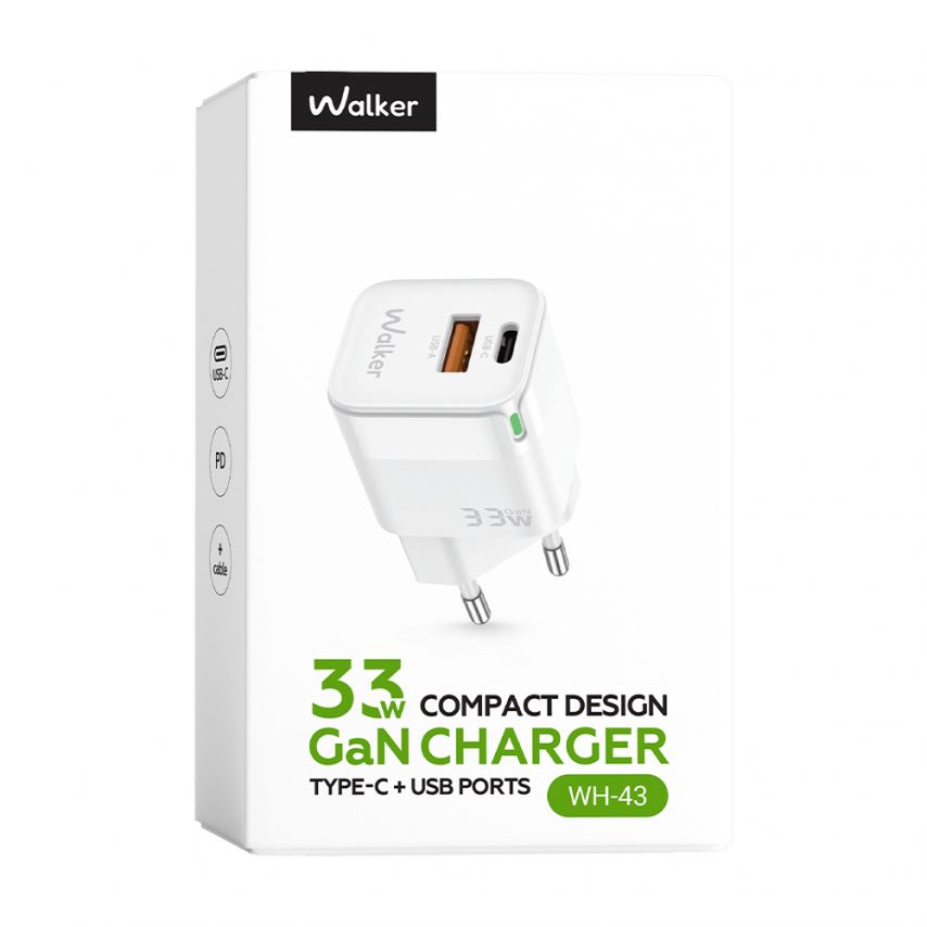 Мережевий зарядний пристрій (адаптер) WALKER WH-43 33W GAN PD_33W / QC3.0_18W white