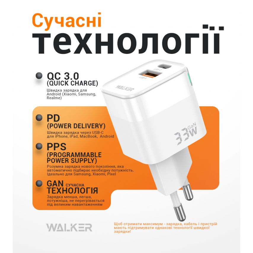 Мережевий зарядний пристрій (адаптер) WALKER WH-43 33W GAN PD_33W / QC3.0_18W white