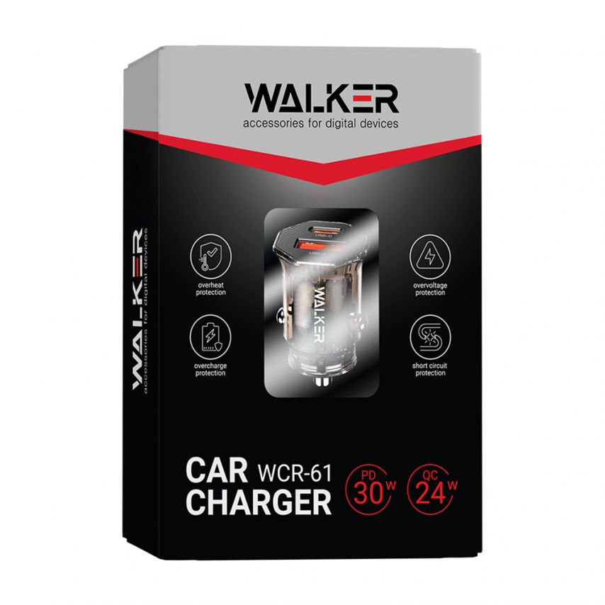 Автомобільний зарядний пристрій (адаптер) WALKER WCR-61 PD_30W / QC3.0_24W прозорий