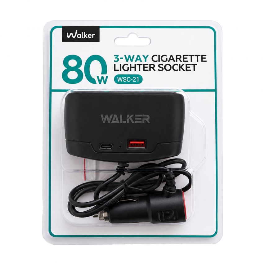 Розгалужувач автомобільного прикурювача 3в1 WALKER WSC-21 80W / USB_2.4A / Type-C_2.4A black