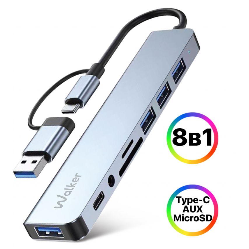 Переходник USB-хаб 8в1 WALKER WHUB-53 с разъемом USB/Type-C grey