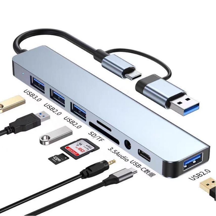 Переходник USB-хаб 8в1 WALKER WHUB-53 с разъемом USB/Type-C grey