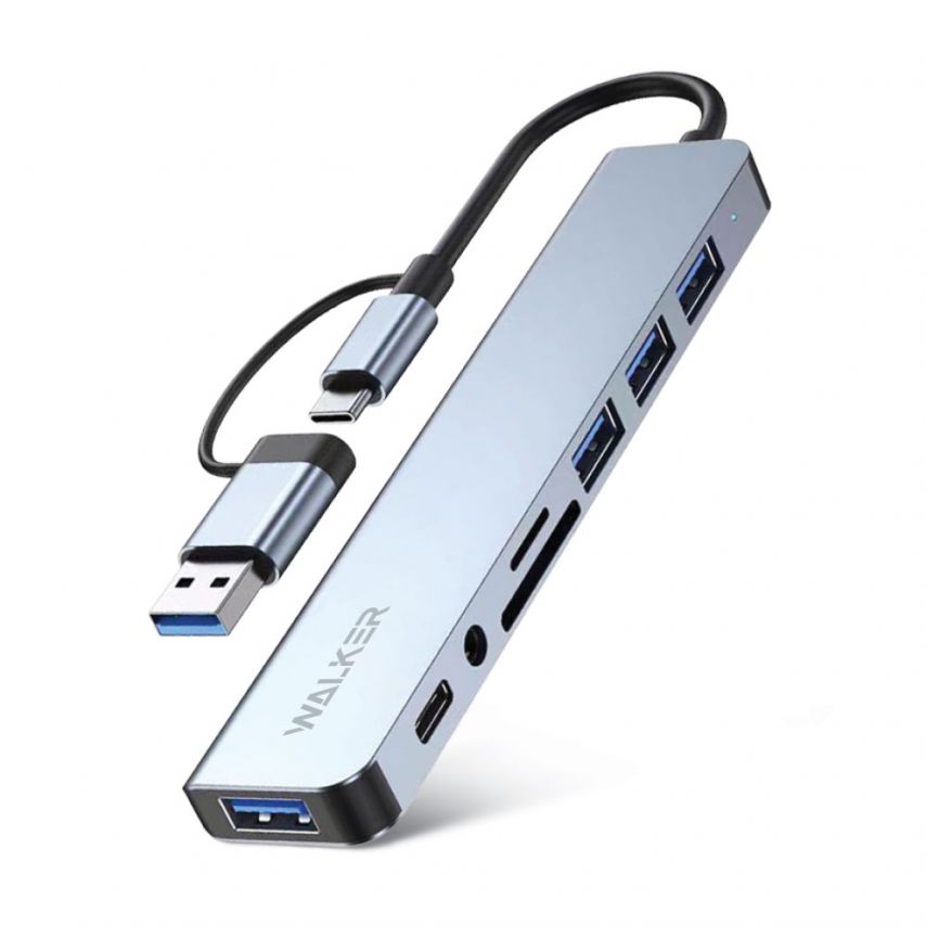 Переходник USB-хаб 8в1 WALKER WHUB-53 с разъемом USB/Type-C grey