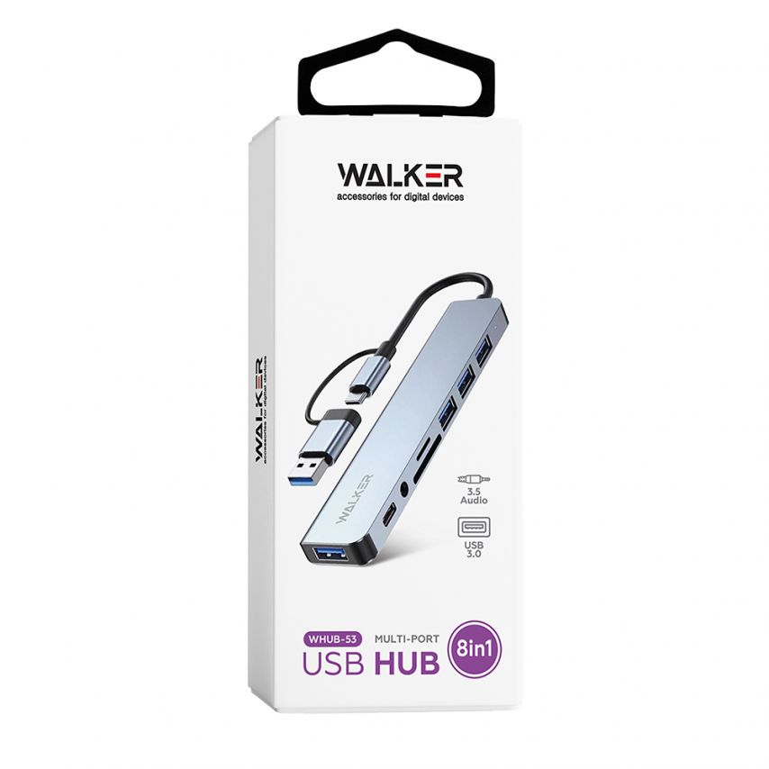 Переходник USB-хаб 8в1 WALKER WHUB-53 с разъемом USB/Type-C grey