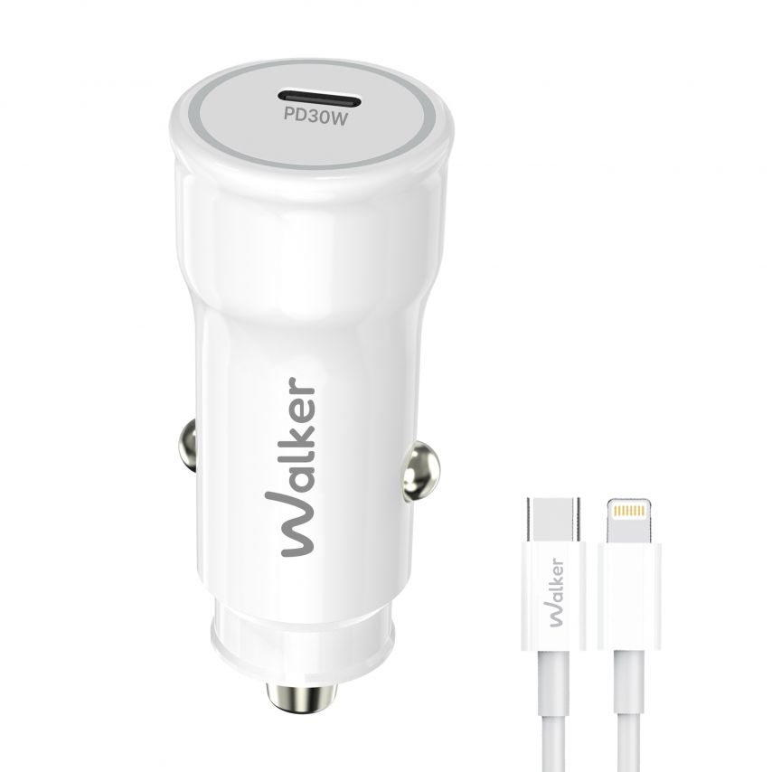Автомобильное зарядное устройство (адаптер) 2в1 WALKER WCR-63 PD_30W + Data Cable Type-C to Lightning 27W white