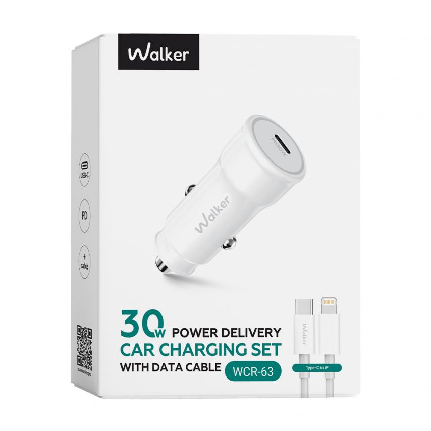 Автомобильное зарядное устройство (адаптер) 2в1 WALKER WCR-63 PD_30W + Data Cable Type-C to Lightning 27W white