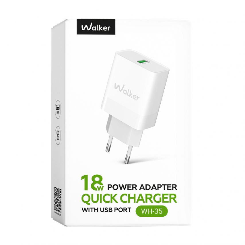 Мережевий зарядний пристрій (адаптер) WALKER WH-35 1USB / QC3.0 / 3A / 18W white
