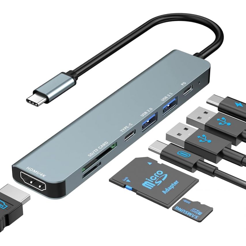 Переходник USB-хаб 7в1 с разъемом Type-C grey