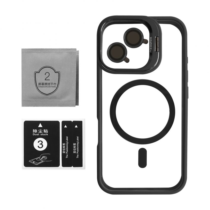 Чехол с функцией MagSafe для Apple iPhone 16 с подставкой и защитой для камер black