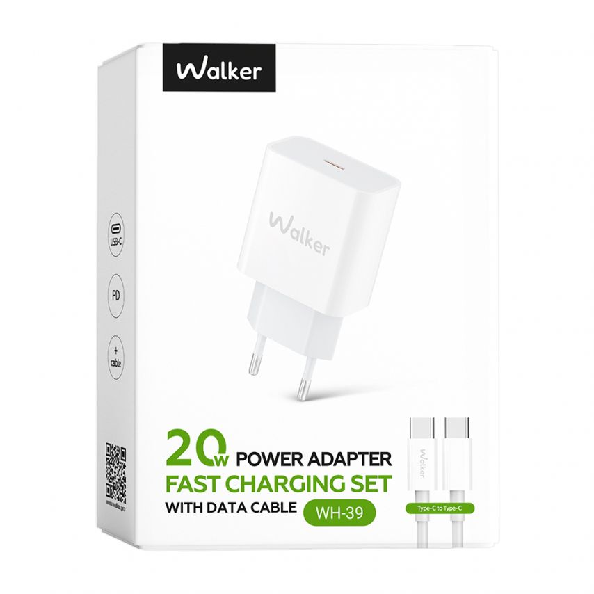 Мережевий зарядний пристрій (адаптер) 2в1 WALKER WH-39 PD / 3A / 20W + Data Cable Type-C to Type-C white