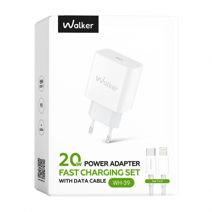 Сетевое зарядное устройство (адаптер) 2в1 WALKER WH-39 PD / 3A / 20W + Data Cable Type-C to Lightning white