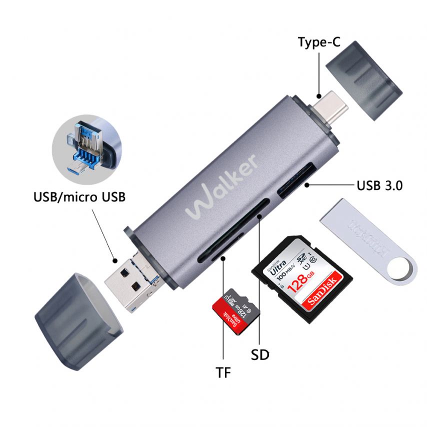 Кардридер 6в1 WALKER WCD-83 (выход USB/Micro, Type-C) grey
