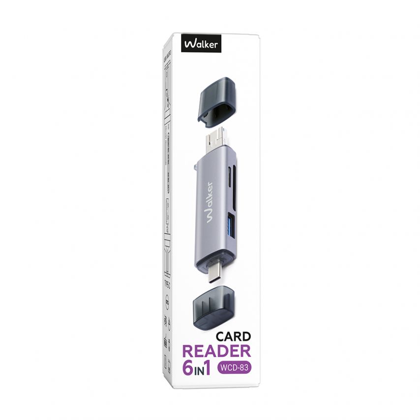 Кардридер 6в1 WALKER WCD-83 (выход USB/Micro, Type-C) grey