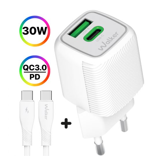 Сетевое зарядное устройство (адаптер) 2в1 WALKER WH-71 GAN 30W + Data Cable Type-C to Type-C white - купить за 660.07 грн в Киеве, Украине