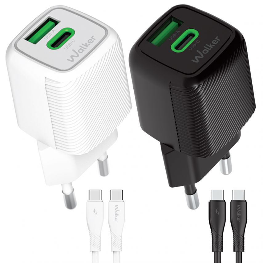 Мережевий зарядний пристрій (адаптер) 2в1 WALKER WH-71 GAN 30W + Data Cable Type-C to Type-C white