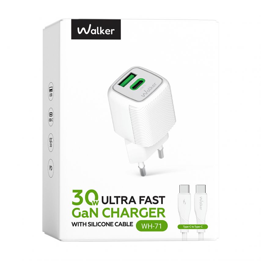 Мережевий зарядний пристрій (адаптер) 2в1 WALKER WH-71 GAN 30W + Data Cable Type-C to Type-C white